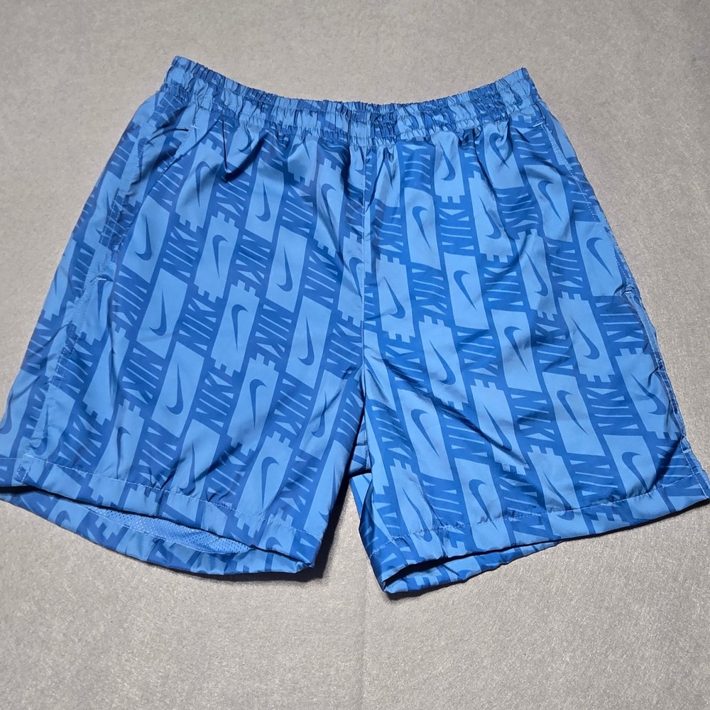 Nike Mens Blue All Over Print Swoosh Logo Mesh Lined Athletic Shorts Medium